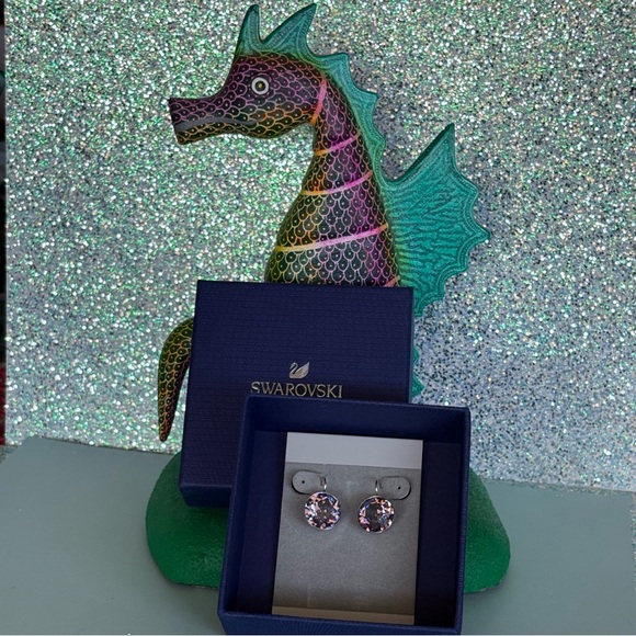 Authentic Stamped Swarovski Large Bella Violet Purple Bezel Lever Back Earrings - Picture 2 of 12